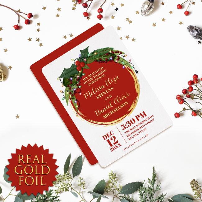 Floral Berry Wreath Christmas Lights Wedding Foil Invitation