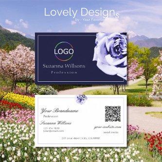 Floral Blue and White Cute Rose with Logo QR Code