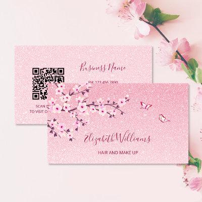 Floral Cherry Blossom Pink Glitter QR Code