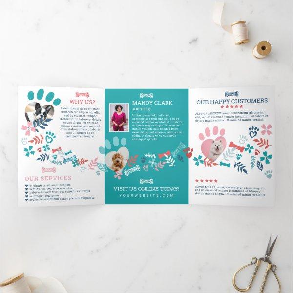 Floral & Foliage Pet Paw Print Pattern Business Tri-Fold Card