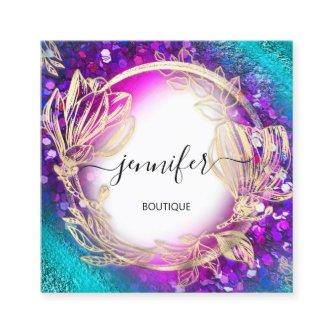Floral Frame QR Code Logo Gold Green Blue Confetti Square