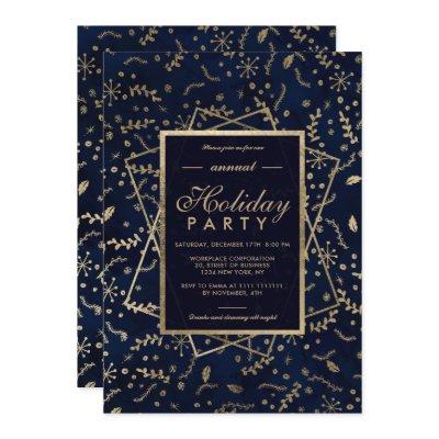 Floral Gold navy blue winter corporate holiday Invitation