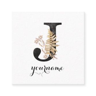Floral Monogram J Black Gold Flora Square