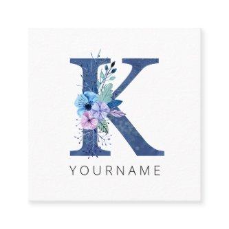 Floral Monogram K Winter Blue Blossoms Square