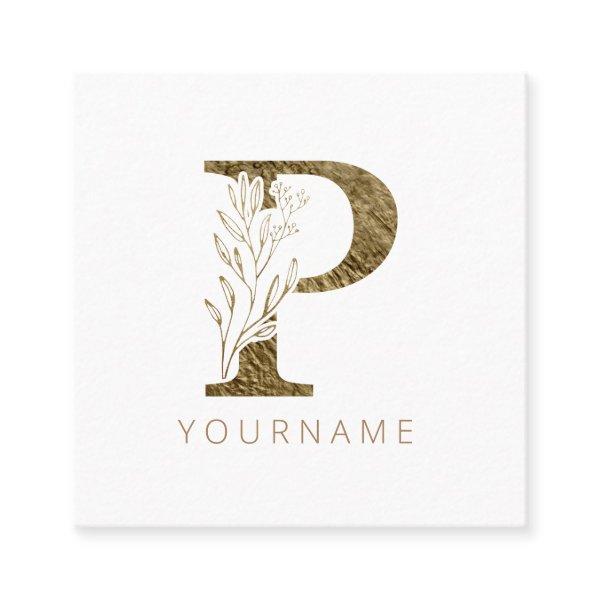 Floral Monogram P Elegant Gold Foliage Square