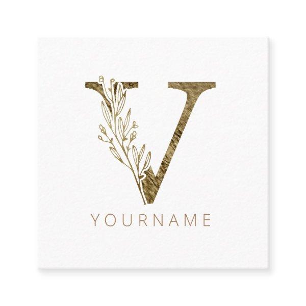 Floral Monogram V Elegant Gold Foliage Square