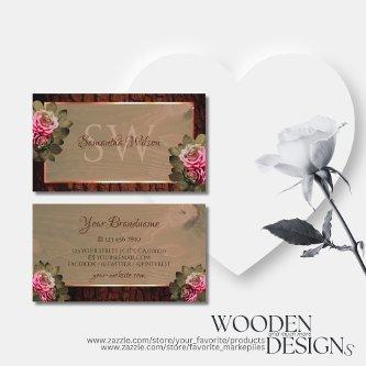 Floral Pink Roses Rustic Wood Tree Bark Initials
