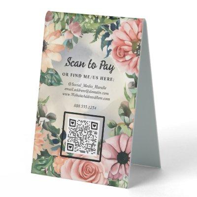 Floral Pop-Up Market Vendor Scan To Pay QR code Table Tent Sign