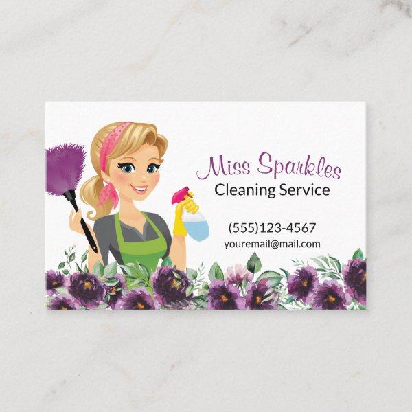 Floral Purple Cartoon Maid House Cleaning Service