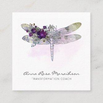*~* Floral Watercolor Burgundy Pink  Dragonfly   Square