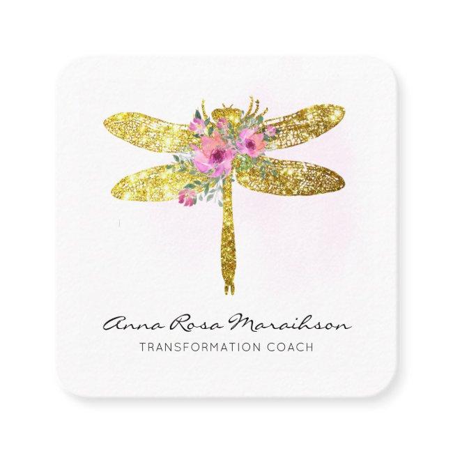 *~* Floral Watercolor Gold Glitter Dragonfly Squ Square