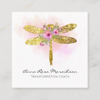 *~* Floral Watercolor Gold Pink Peach Dragonfly  Square