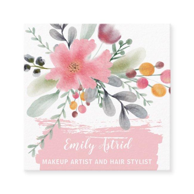 Floral watercolor makeup hair script pink square square