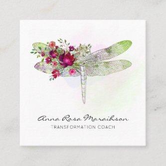 *~* Floral Watercolor Red Rose Mint Dragonfly   Square
