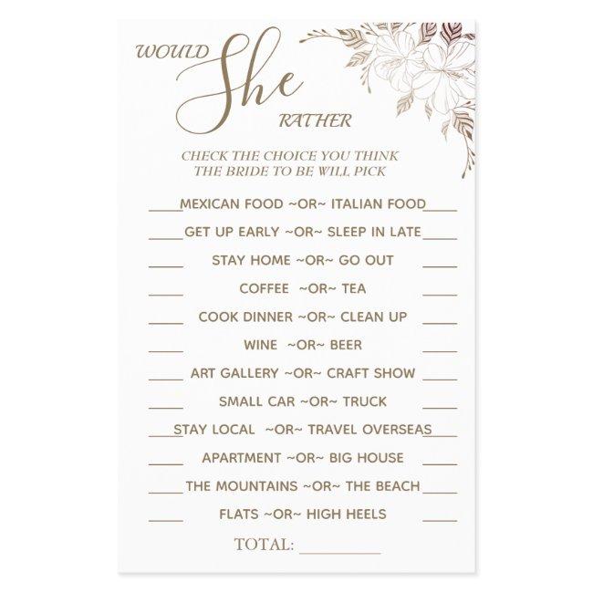 Floral Would She Rather shower game card Flyer