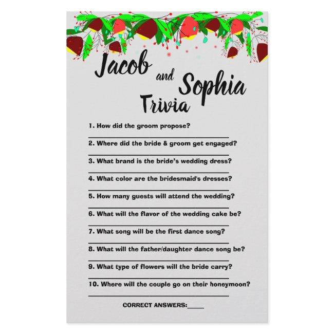 FLOWERS, BRIDE & GROOM TRIVIA SHOWER GAME CARD FLY FLYER