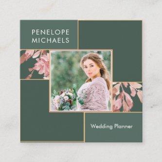 Forest Green with Blush Leaves Grid with Photo Square