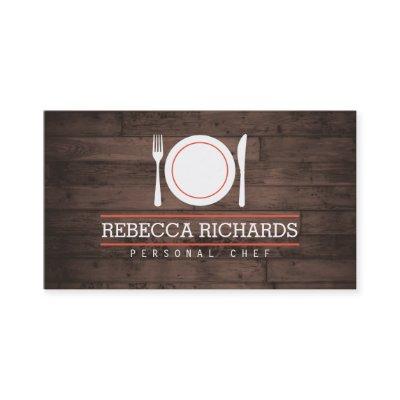 Fork, Plate, Knife Logo on Rustic Woodgrain