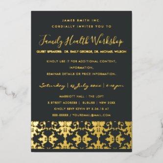 Formal Black Gold Damask Classic Workshop Event Foil Invitation
