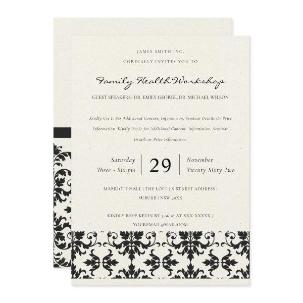 FORMAL BLACK & WHITE DAMASK CLASSIC WORKSHOP EVENT INVITATION
