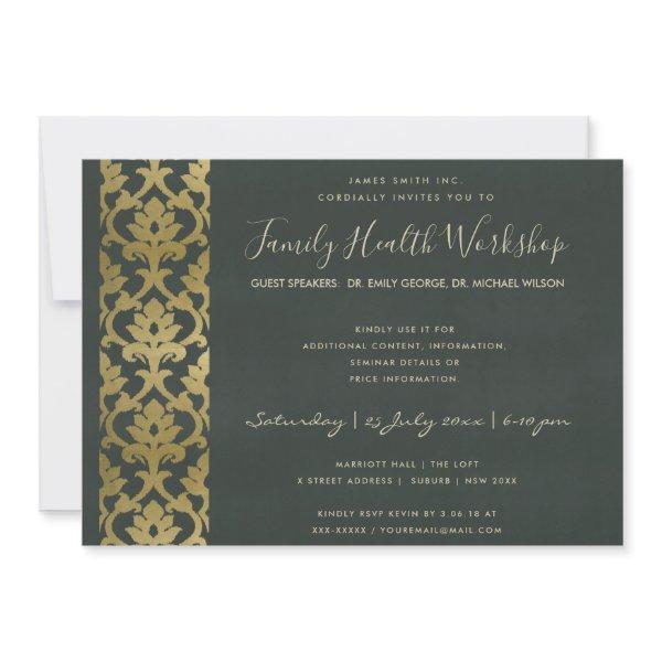 FORMAL FAUX GOLD BLACK DAMASK WORKSHOP EVENT INVITATION