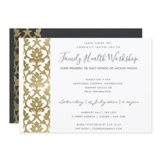 FORMAL FAUX GOLD WHITE DAMASK WORKSHOP EVENT INVITATION