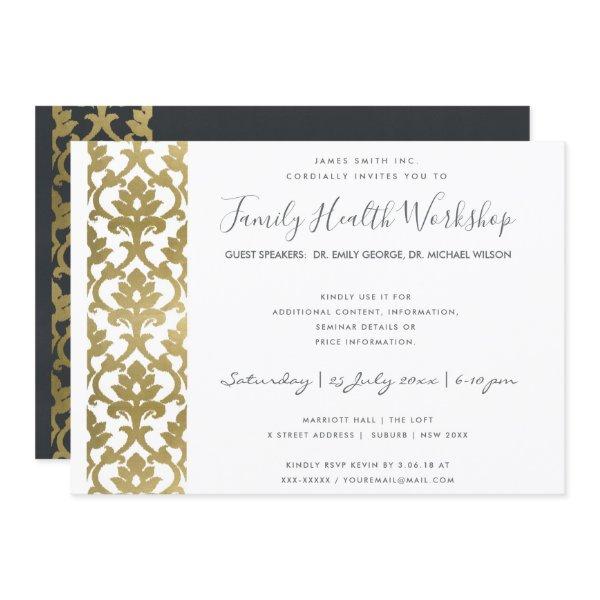 FORMAL FAUX GOLD WHITE DAMASK WORKSHOP EVENT INVITATION
