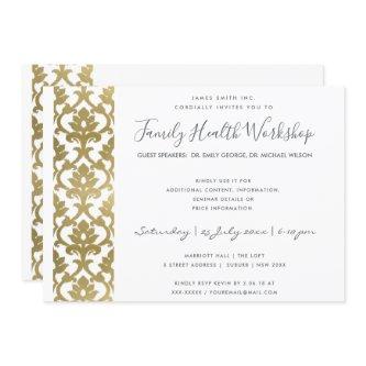 FORMAL FAUX GOLD WHITE DAMASK WORKSHOP EVENT INVITATION
