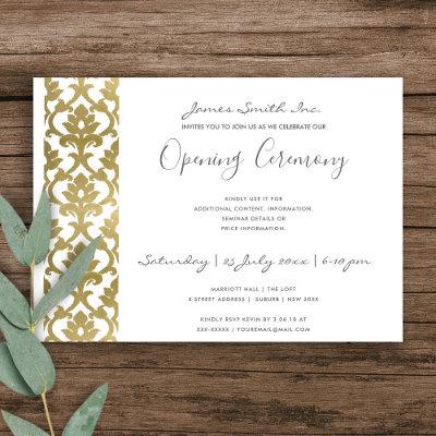 FORMAL WHITE GOLD DAMASK GRAND OPENING CEREMONY INVITATION