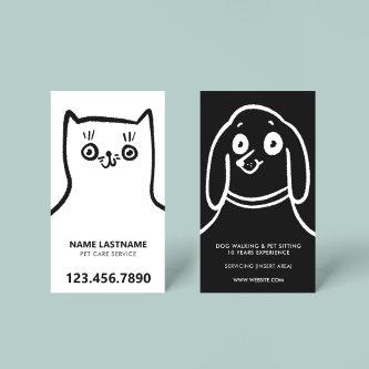 Fun Cat Dog Hand Drawn Black White Pet Service