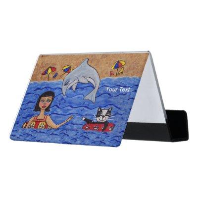 Fun Folk Art Lady Cat Swimming with Dolphin Desk  Holder