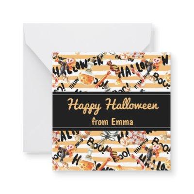 Fun Orange  "Happy Halloween" Pattern Custom Name Note Card