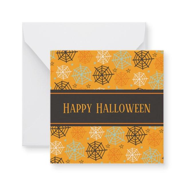 Fun orange "Happy Halloween" Spiderweb Pattern Note Card