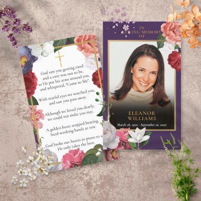 Funeral Memorial Purple Floral Photo Prayer Cards