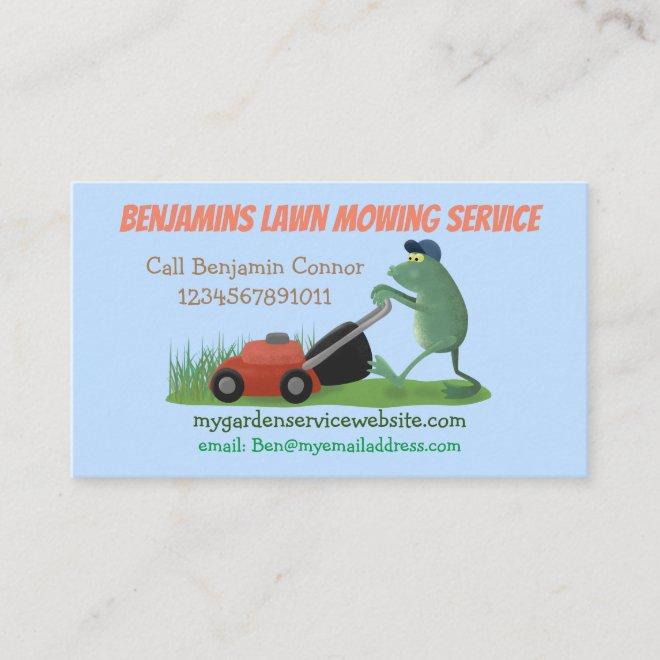Funny frog cartoon lawn mowing gardening services