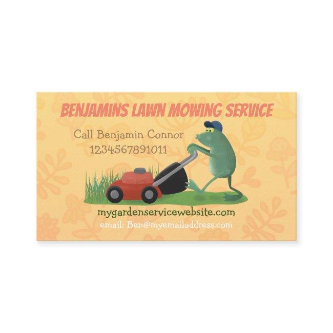 Funny frog cartoon lawn mowing gardening services