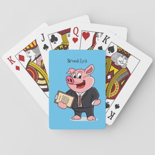 Funny pig in business suit cartoon playing cards