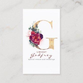 G Monogram Burgundy Red Flowers and Faux Gold