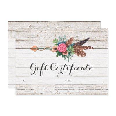 Gift Certificate Bohemian Feather Arrow Rose Card
