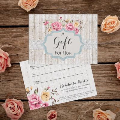Gift Certificate Shabby Chic Floral Rustic Wood