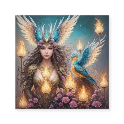 Girl, majestic fenix bird Oil painting, 3d, Square