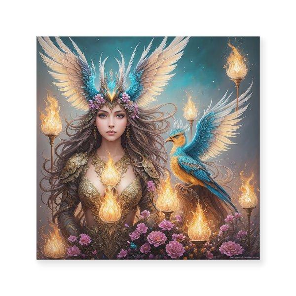 Girl, majestic fenix bird Oil painting, 3d, Square