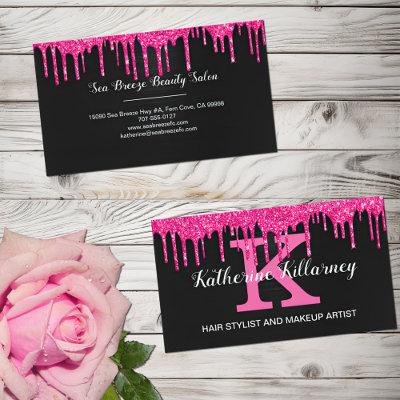 Girly Black Hot Pink Glitter Drips Chic Monogram