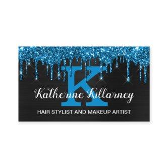 Girly Black Neon Teal Blue Glitter Drips Monogram