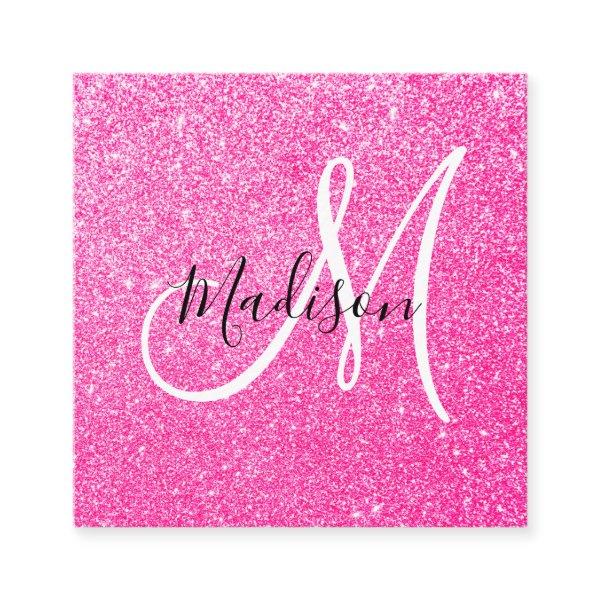 Girly & Glam Hot Pink Glitter Sparkles Monogram Square