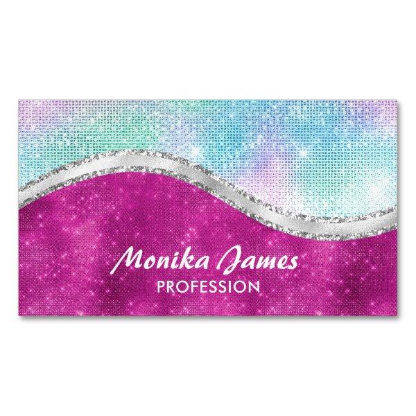 Girly Iridescent Pink Silver Faux Glitter Monogram  Magnet