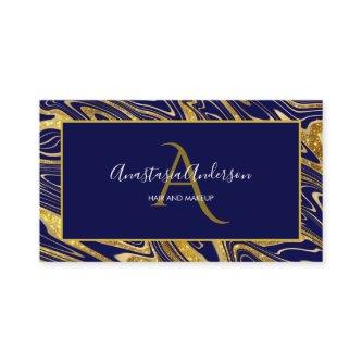 Girly Navy Blue Gold Marble Glitter Glam Monogram