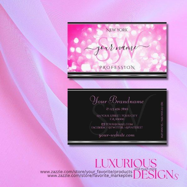 Girly Pink Glitter Black Silver Border Initials