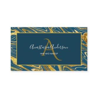 Girly Teal Blue Green Gold Marble Glitter Monogram