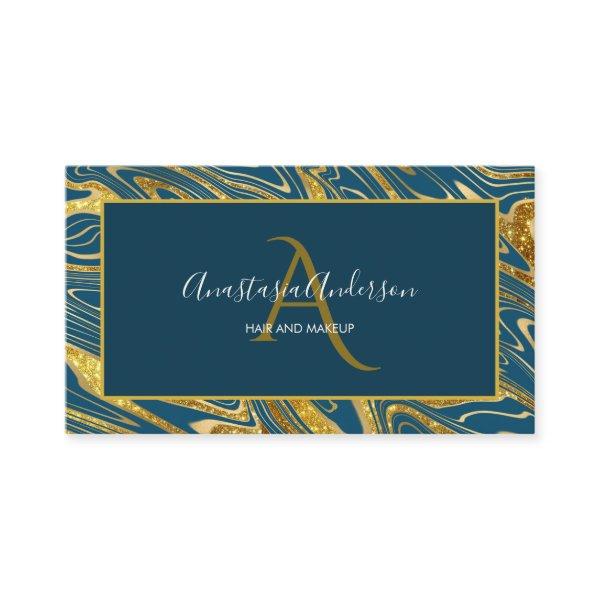 Girly Teal Blue Green Gold Marble Glitter Monogram